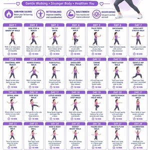 May include: A 28-day Tai Chi walking challenge chart for fat loss featuring a purple and white color scheme. It includes a daily exercise schedule with illustrations of a person performing movements, 10-minute duration markers, and tips.