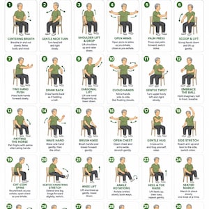 May include: A 30-day chair Tai Chi exercise chart for seniors featuring thirty numbered illustrations of a person in a green shirt and dark pants performing seated movements. Each step includes a title and brief instructions for daily wellness.