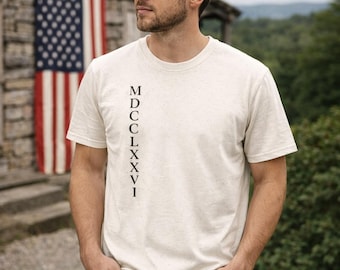 T-shirt met verticale print Romeinse cijfers | T-shirt met minimale datum 1776-2026
