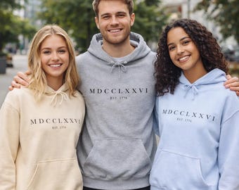 Minimalistische hoodie met Romeinse cijfers uit 1776 – American Heritage-sweater est. 1776: MDCCLXXVI