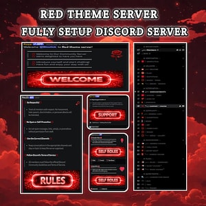 May include: A red-themed Discord server setup, showcasing a welcome message, rules, and support options. The server's interface is displayed with a dark background and red accents, including the text "WELCOME" and "RULES".