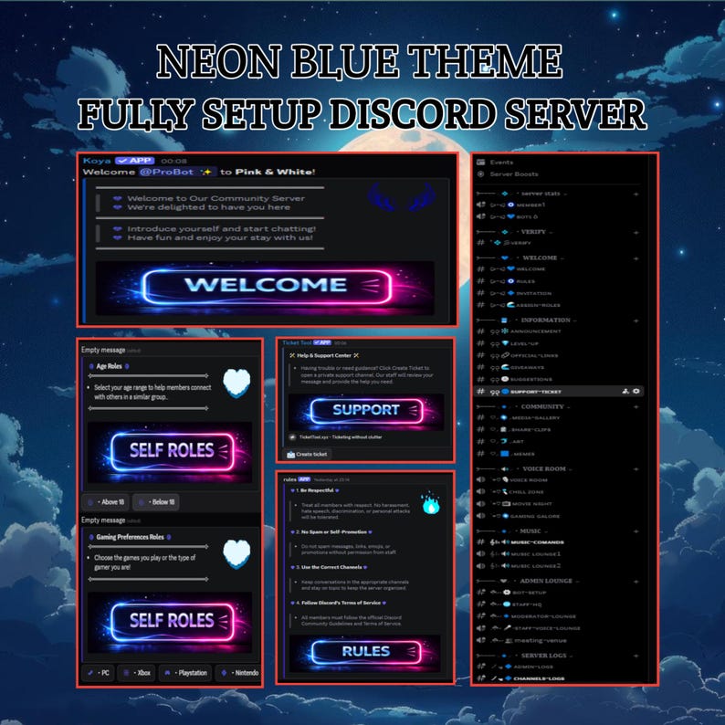 Fully Configured Discord Server | Neon Blue Theme - Etsy