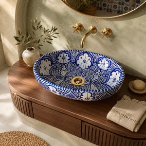 Luxury Moroccan Oval Vessel Sink, Hand-Painted Blue and White Ceramic Statement Basin