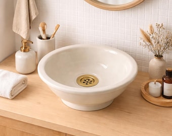 Handmade Cream Ceramic Vessel Sink, Minimalist Round Bathroom Wash Basin