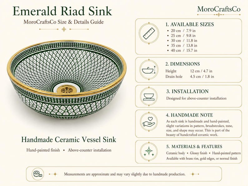 May include: Emerald Riad ceramic vessel sink with a hand-painted green and white pattern, gold rim, and brass accents. Available sizes range from 7.9 inches to 15.7 inches. The sink is designed for above-counter installation.