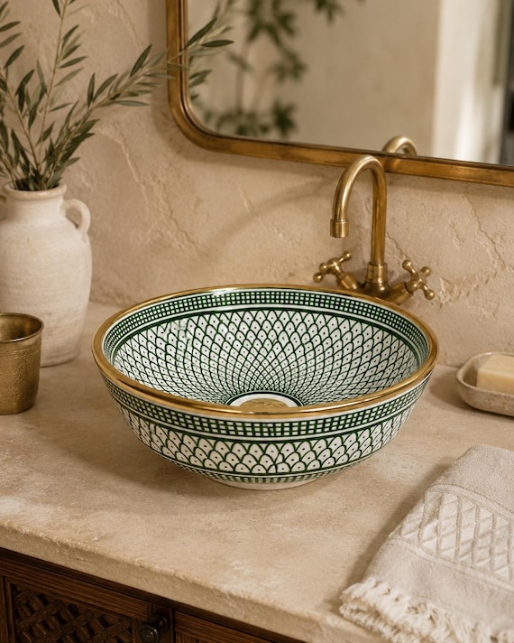 Luxury Sink, Handmade Moroccan Ceramic Vessel Basin, Green Countertop Bathroom Sink