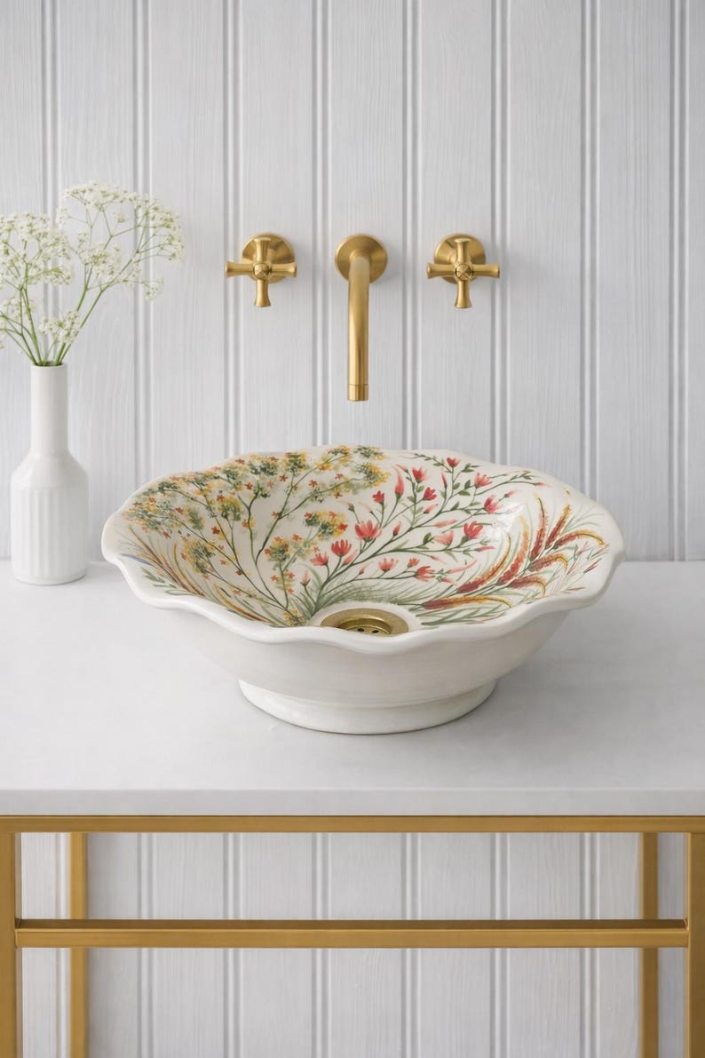 Bathroom Vessel Sink Bathroom Floral Vessel Sink, Curvy Edge Ceramic Above Counter Art Basin Bathroom Vessel Sink Bathroom Floral Vessel Sink, Curvy Edge Ceramic Above Counter Art Basin