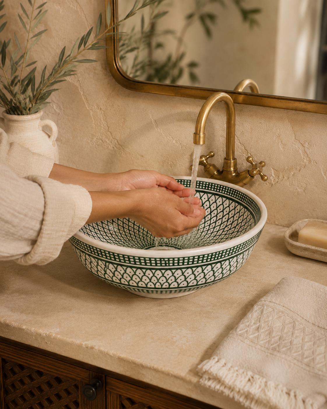 May include: A decorative bathroom sink with a green and white geometric pattern. The sink is set into a light-colored countertop with a gold faucet. A white towel and soap dish are also visible.