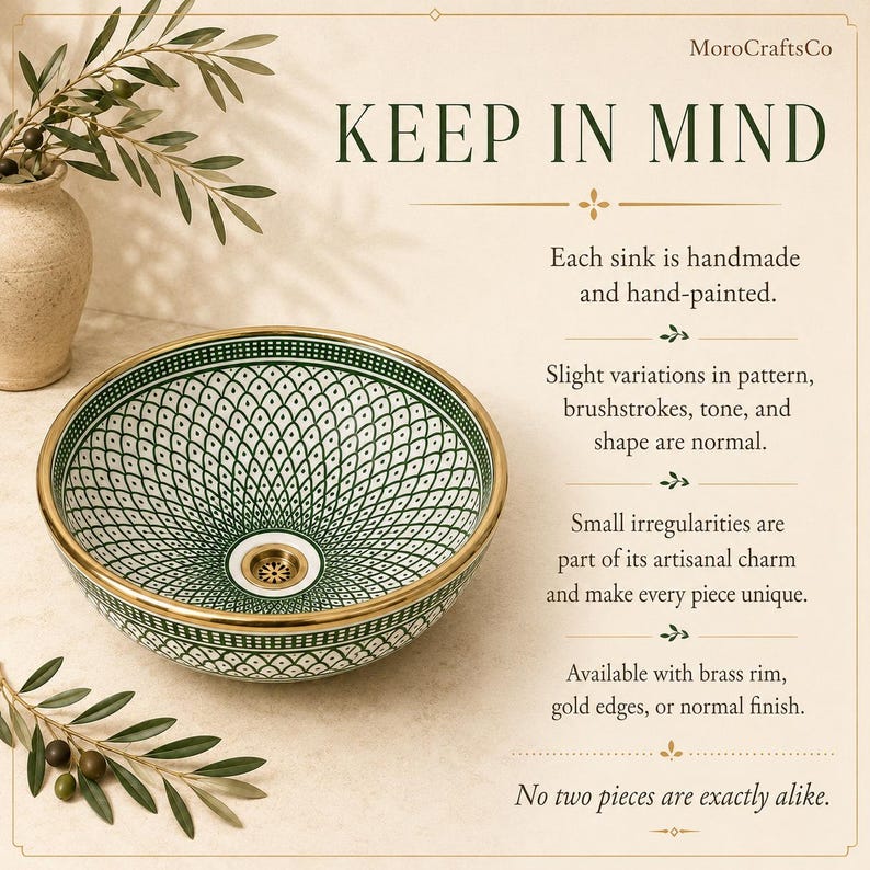 May include: A handmade, hand-painted sink with a green and white geometric pattern. The sink has a gold rim and edges. The text "KEEP IN MIND" is at the top of the image, along with other text describing the product.