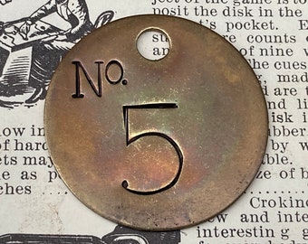 Vintage Number 5 Tag Charm Brass Tag Antique Industrial Lucky Number House Number Keychain 1 1/4 Inch Metal Tag Key Chain Fob 1 1/4 Inch