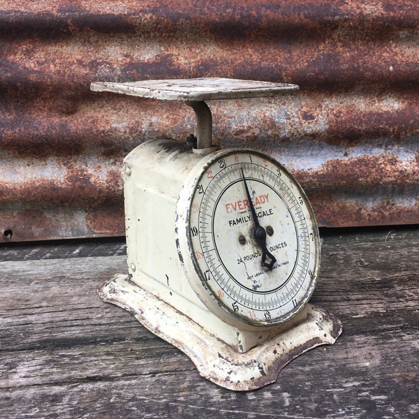 Antique Scale Chippy White Rusty 24 lb Scale Eveready Family 1900s  Primitive Aged Patina Paint Vintage Scale vtg Distressed Farm Rustic