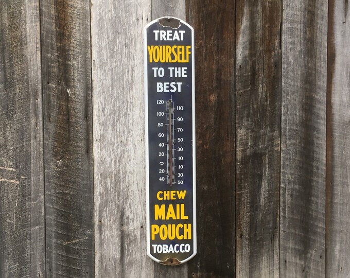 Antique Mail Pouch Thermometer Porcelain Sign Full Size 39 Inch Tobacco