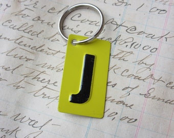 Vintage Metal Letter J Sign Name Initial J Keychain Letter Tag Industrial Sign Black & Yellow Metal Sign Key Chain Fob vtg Upcycled Key Tag