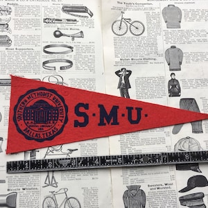 Original Vintage SMU  College Pennant University Small 3 1/2 x 10 Inch  Felt 1960s School Pennant Flag Dorm Collectible Sports Decor