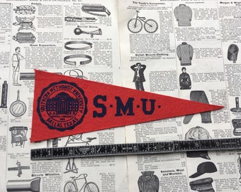 Original Vintage SMU  College Pennant University Small 3 1/2 x 10 Inch  Felt 1960s School Pennant Flag Dorm Collectible Sports Decor