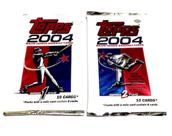 May include: Two sealed white foil packs of 2004 Topps Major League Baseball cards. The left pack is Series 1 featuring a batter, and the right pack is Series 2 featuring a pitcher. Each pack contains 10 cards, or 8 cards if a relic is included.
