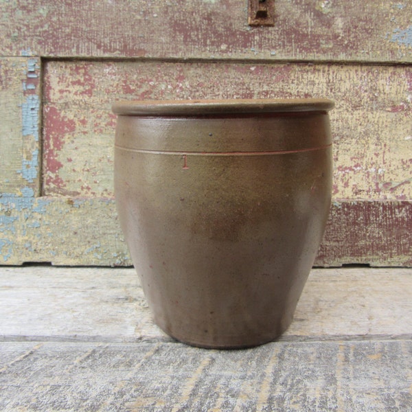 Antique Original Stoneware Crock Pottery Dark Gray Salt Glaze Mid 19 Century 1800s Old Pantry Cupboard Country Kitchen Primitive Rustic