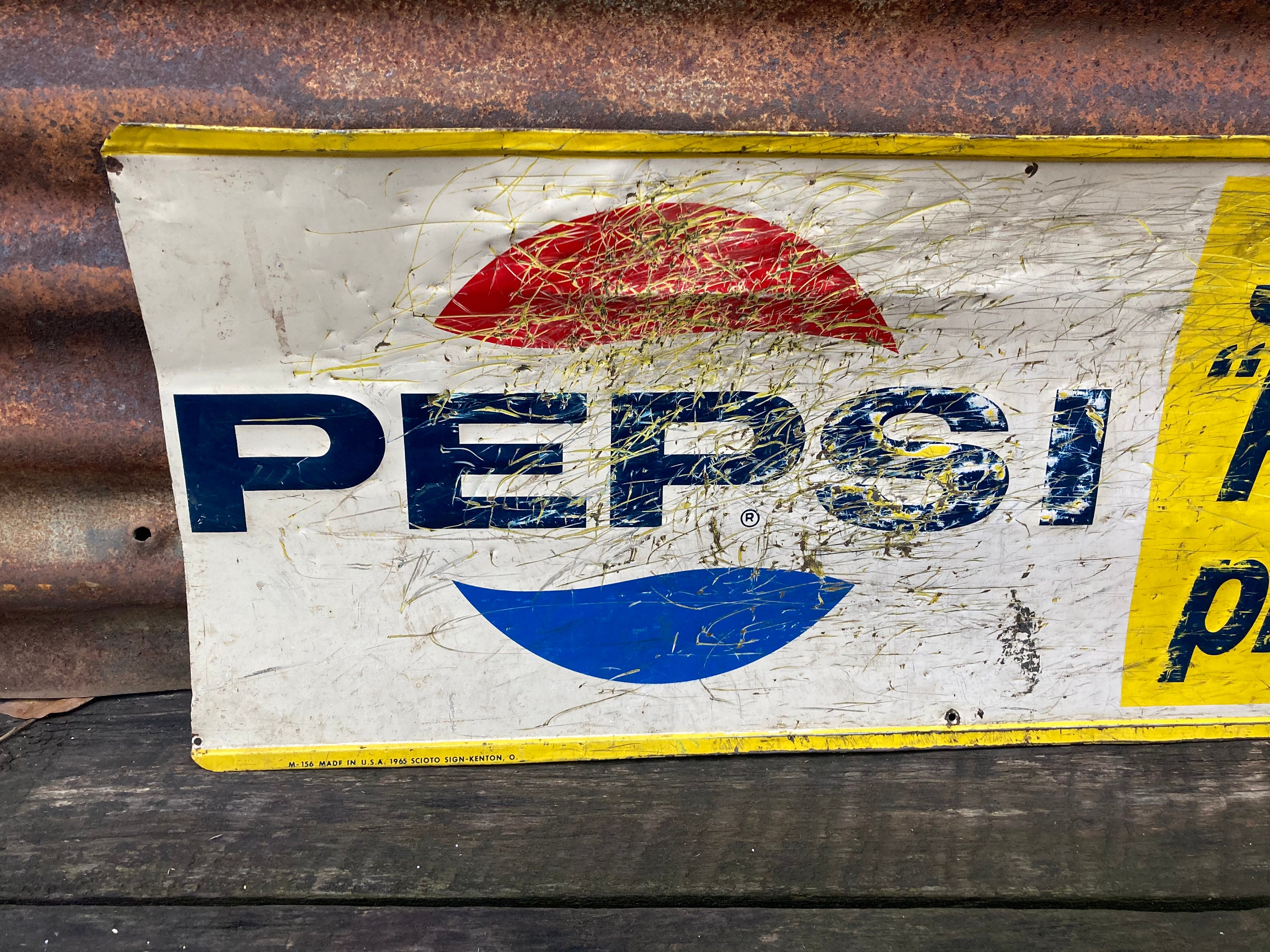 Vintage PEPSI Sign Metal 1960s Stout Sign Distressed Rusted Red