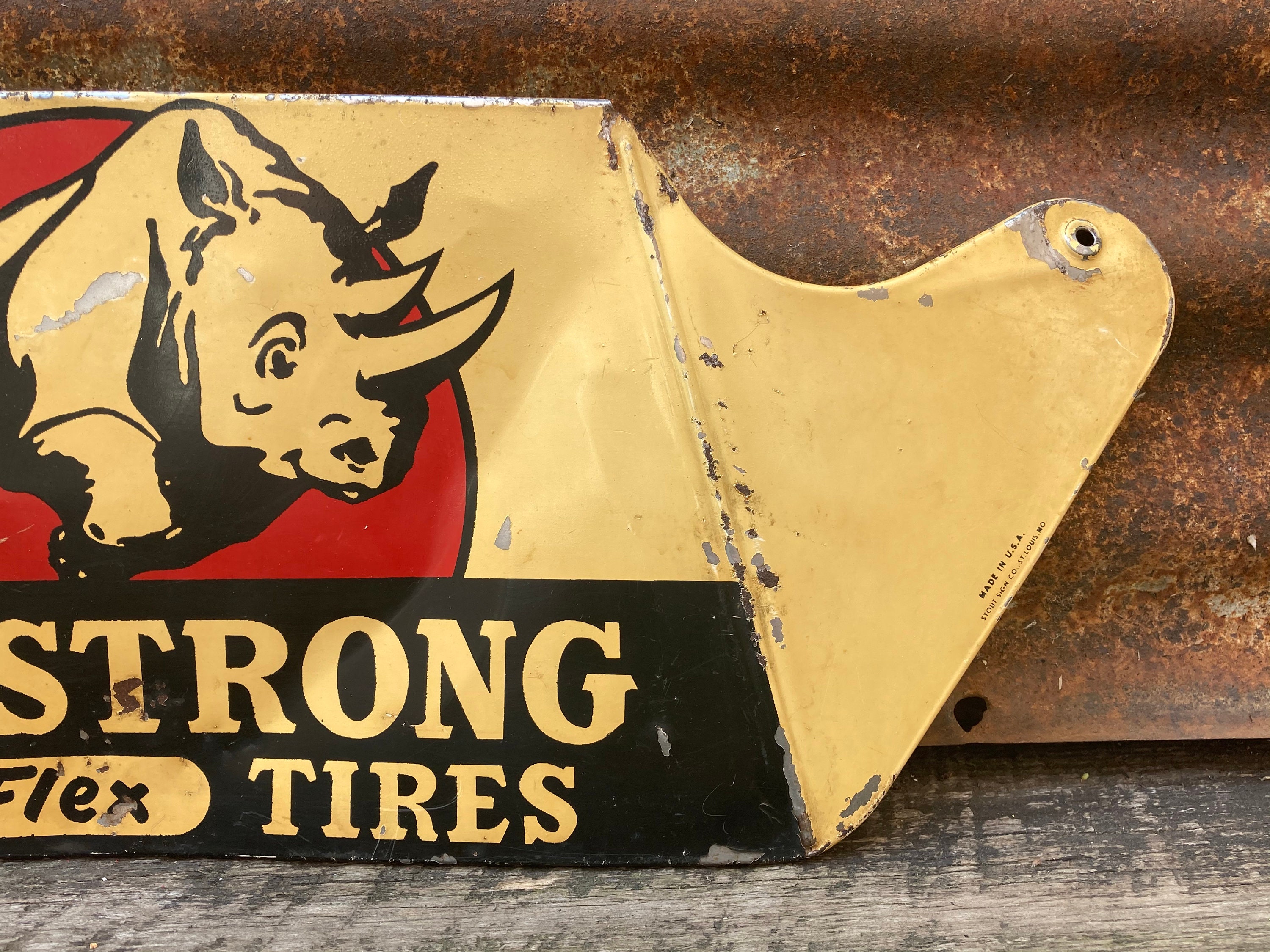 Authentic Vintage Armstrong Rhino Tire Display Sign Antique Metal 