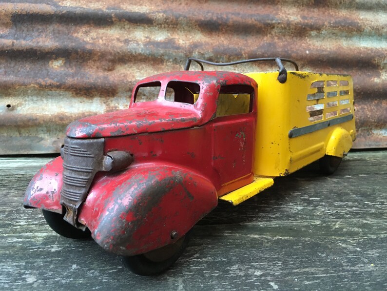 Vintage Metal Toy Truck Turner Toys Wapakaneta Ohio 1940s era Pressed Steel Truck Cab Delivery large 18 12 Inch Aged Old Toy Vehicle Old