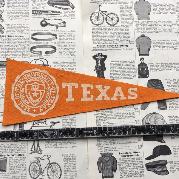 Original Vintage Texas College Pennant University Small 9 Inch  Felt 1960s School Pennant Flag Dorm Collectible Sports Deco