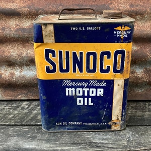 Vintage Original Sunoco Motor Oil Can 2 Gallon Sun Oil Company Metal Gas Station Old Fashioned Mechanics Garage Display Car Truck Auto Sign