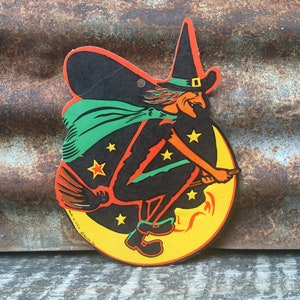 Original Vintage Witch on a Broom Halloween Die Cut Black Cat Cute Cardboard Decoration 1960s  Beistle Paper Made in USA Decoration Old