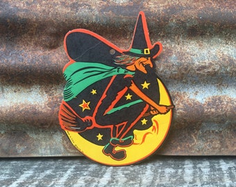 Original Vintage Witch on a Broom Halloween Die Cut Black Cat Cute Cardboard Decoration 1960s  Beistle Paper Made in USA Decoration Old