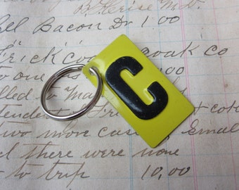 Vintage Metal Letter C Sign Name Initial C Keychain Letter Tag Industrial Sign Black & Yellow Metal Sign Key Chain Fob vtg Upcycled Key Tag
