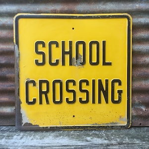 Original 1930s Era Caution School Crossing Sign Large 24x24 Inch Rare Vintage Metal Street Sign Black Yellow Antique Old Sign Heavy