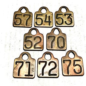 Choice of Brass Cattle Tag Number 57, 54, 53, 52, 70, 71, 72, 75 Vintage Antique Cow Tag Keychain Rustic Fob Wedding Table Numbers D26
