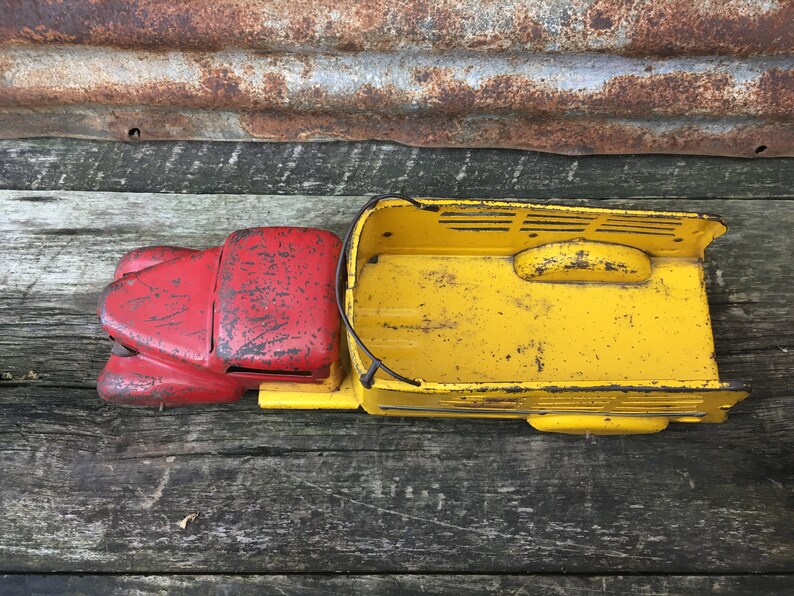 Vintage Metal Toy Truck Turner Toys Wapakaneta Ohio 1940s era Pressed Steel Truck Cab Delivery large 18 12 Inch Aged Old Toy Vehicle Old