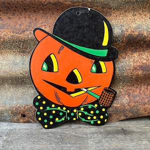 Original Vintage Halloween Pumpkin with Hat and Pipe Die Cut Cardboard Decoration 1960s  Made in USA Decorations Old