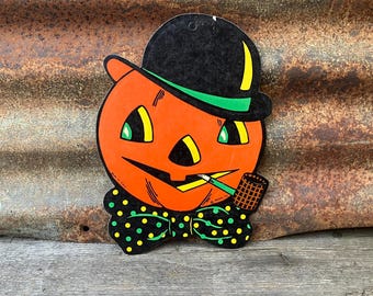 Original Vintage Halloween Pumpkin with Hat and Pipe Die Cut Cardboard Decoration 1960s  Made in USA Decorations Old