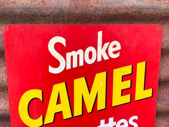 camel cigarettes metal sign Camels Cigarette Sign 12x18 Inch Tobacco Sign Vintage Thin Tin Tacker Early  Antique Camel Tobacco Rusted Distressed General Store Old
