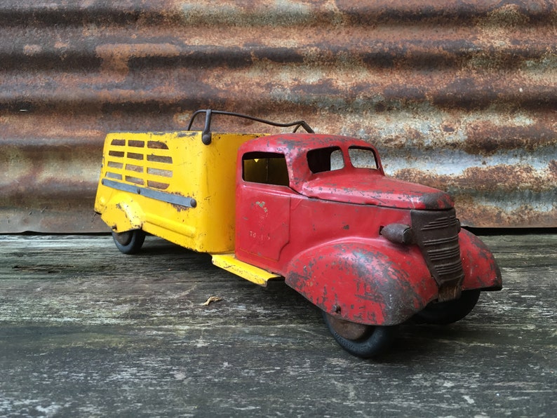 Vintage Metal Toy Truck Turner Toys Wapakaneta Ohio 1940s era Pressed Steel Truck Cab Delivery large 18 12 Inch Aged Old Toy Vehicle Old