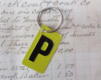 Vintage Metal Letter P Sign Name Initial P Keychain Letter Tag Industrial Sign Black & Yellow Metal Sign Key Chain Fob vtg Upcycled Key Tag