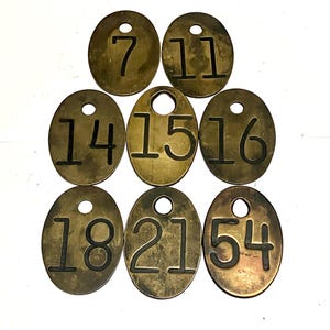 Choice of Brass Cattle Tag Number 7, 11, 14, 15, 16, 18, 21, 54 Vintage Antique Cow Tag Keychain Rustic Fob Wedding Table Numbers F