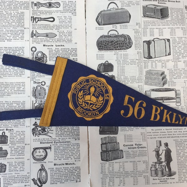 Vintage 56 Brooklyn New York Pennant Public School Small 9 x 3 1/2 Inch Aged Felt 1960s School Pennant Flag Dorm Collectible Sports A