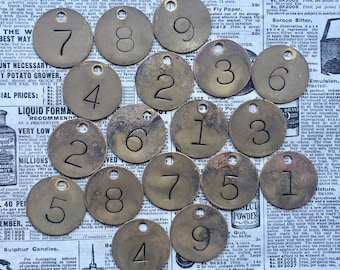 Choose Tag 1, 2, 3, 4, 5, 6, 7, 8, 9 Choice Vintage Style Metal Number Tags 1 1/4 Inch Tag Numbered Tags Keychain Tag Key Chain Fob Brass