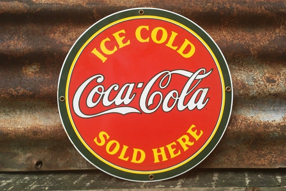Vintage Coca Cola Porcelain Sign Coke Sign Round Ice Cold Coke
