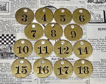 Choice of Tag 3, 4, 5, 6, 7, 8, 9; 10, 11, 12, 14, 15, 16, 17, 18 Vintage Metal Number Tags 1 Inch Tag Numbered Tags Keychain Tag Fob Brass