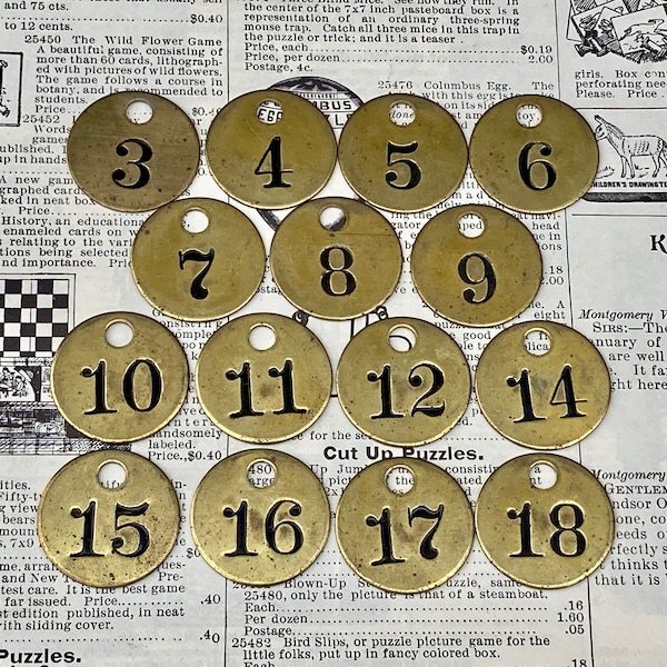 Choice of Tag 3, 4, 5, 6, 7, 8, 9; 10, 11, 12, 14, 15, 16, 17, 18 Vintage Metal Number Tags 1 Inch Tag Numbered Tags Keychain Tag Fob Brass