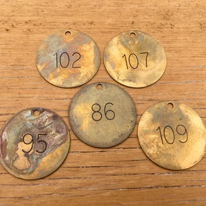 May include: Five weathered, round brass tags with numbers 86, 95, 102, 107, and 109 etched in black. Each tag has a small hole at the top. The tags have a distressed, aged appearance with variations in color.
