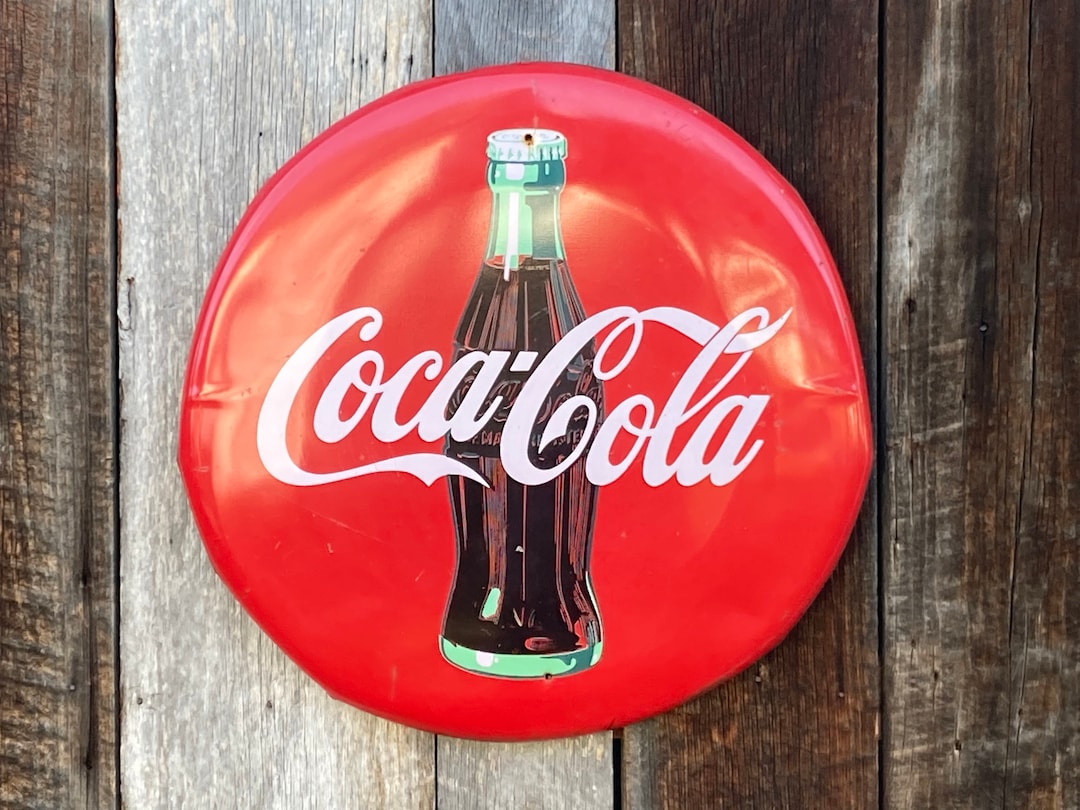 Vintage Coca Cola Sign Button Sign 20 Inch Metal Coke Bottle Sign