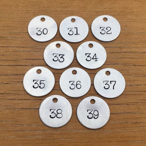 Choice Of Tag Number 30, 31, 32, 33, 34, 35, 36, 37, 38, 39 Stamped Tag 1 1/4 Inch Aluminum Tag Cow Metal Keychain Fob Vintage Mining
