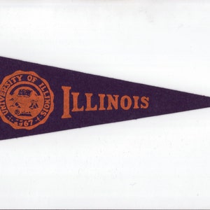 Vintage College Pennant ILLINOIS University 10 Inch Small MINI Felt School Pennant Flag 1940s-1960s Collectible Sports Decor Man Cave