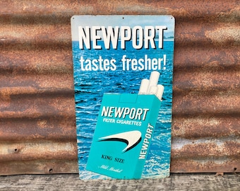 newport cigarette logo Authentic Newport Cigarette Sign 11 x 19 Inch NOS Tobacco Sign Penguin  vintage 1960a era Cigarette Tobacco Rusted Distressed General Store