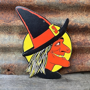 Original Vintage Halloween Witch Die Cut Cardboard Decoration 1960s  Made in USA Decorations Old 11 Inch