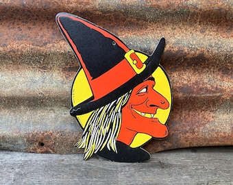 Original Vintage Halloween Witch Die Cut Cardboard Decoration 1960s  Made in USA Decorations Old 11 Inch
